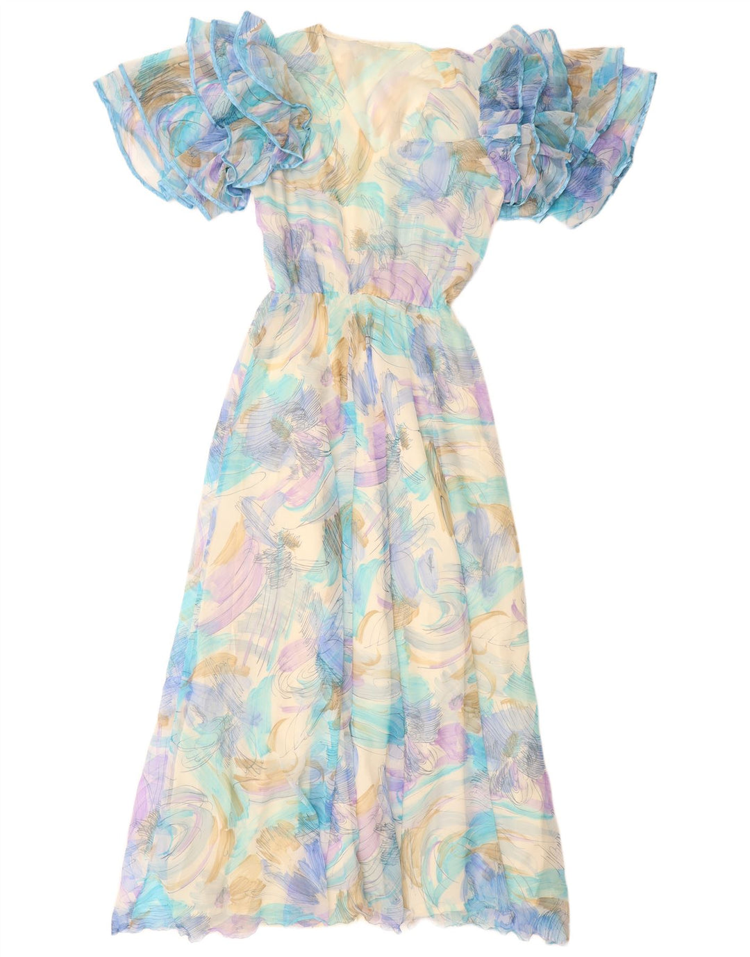 Damska sukienka maxi w stylu VINTAGE w abstrakcyjny wzór UK 12 Średni niebieski