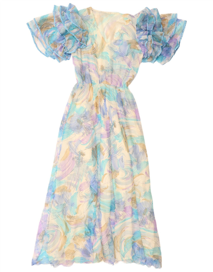 Damska sukienka maxi w stylu VINTAGE w abstrakcyjny wzór UK 12 Średni niebieski