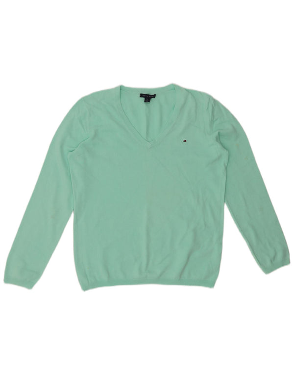 TOMMY HILFIGER Damski sweter z dekoltem w kształcie litery V, UK 14, duży, turkusowy, bawełniany