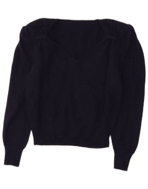 Vintage damski sweter z dekoltem w serek IT 44 średni granatowy wełniany