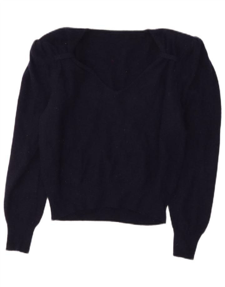Vintage damski sweter z dekoltem w serek IT 44 średni granatowy wełniany