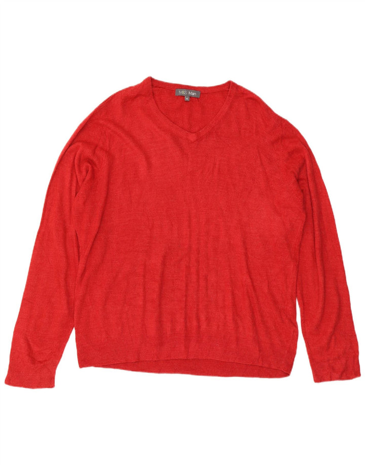 Marks & Spencer Męski sweter z dekoltem w kształcie litery V, XL, czerwony, akryl