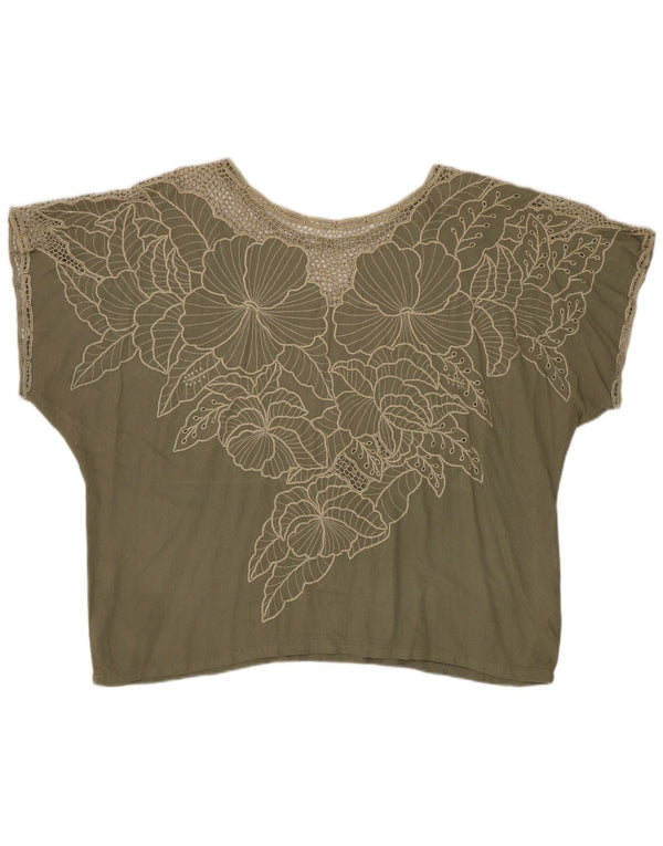 Bluzka damska w stylu vintage Top UK 16, duża, khaki, wiskoza w kwiaty
