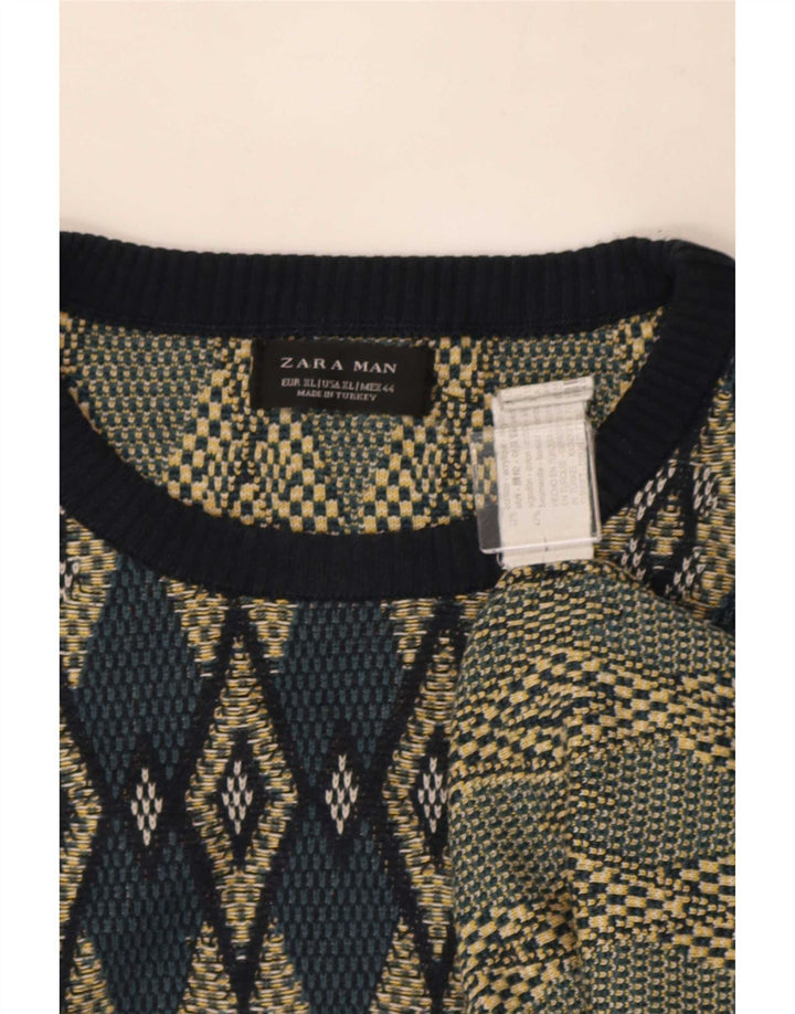 Męski sweter z okrągłym dekoltem Zara XL, wielokolorowy materiał argyle/diamentowy akryl