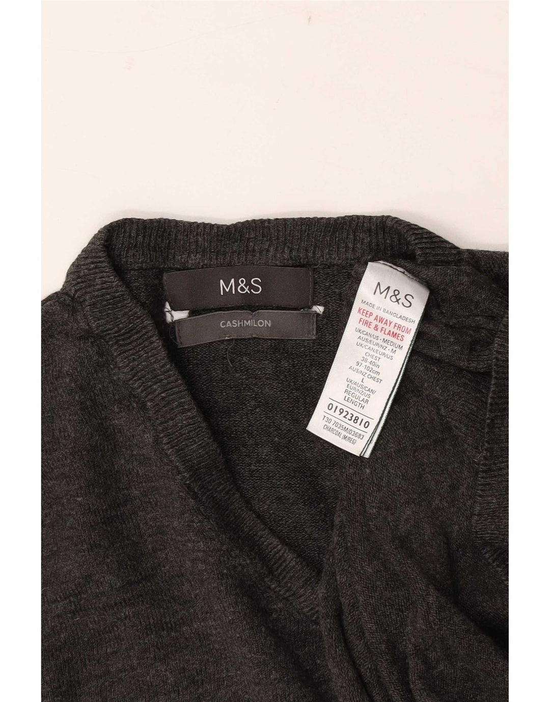 Marks & Spencer Męski sweter z dekoltem w kształcie litery V, duży, szary, akrylowy