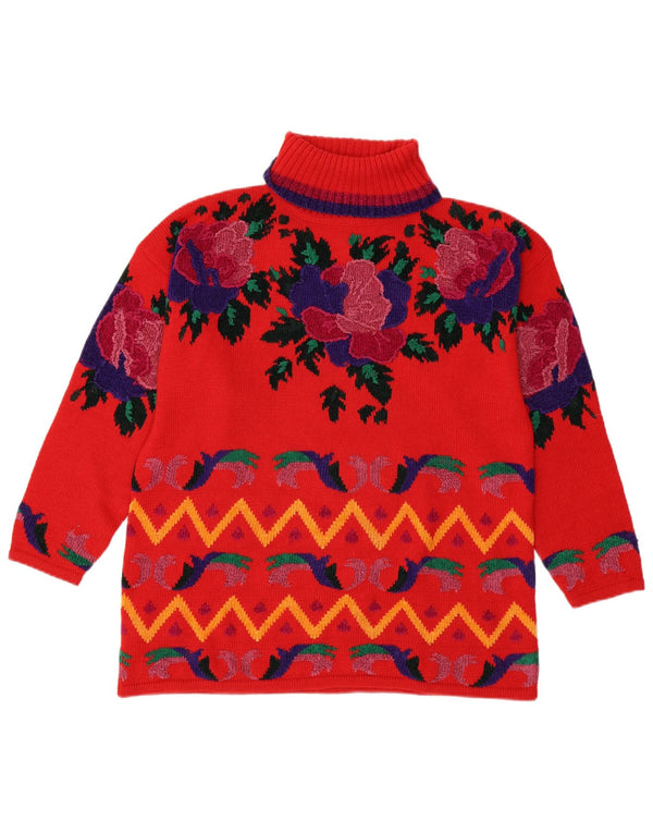 Vintage damski sweter z golfem UK 18 XL czerwony kwiatowy poliakryl