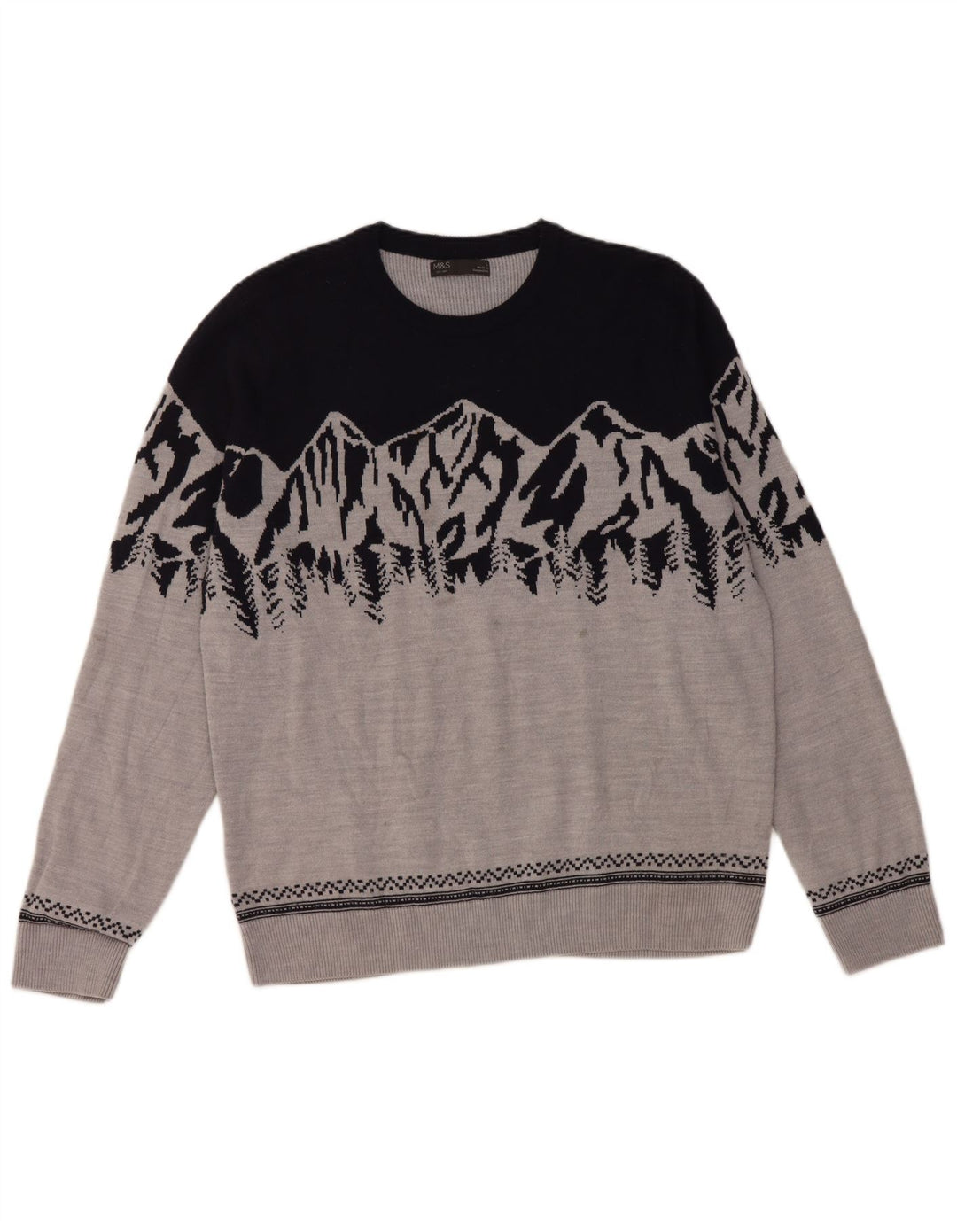 Marks & Spencer Męski sweter z okrągłym dekoltem, duży, szary, z blokami kolorów