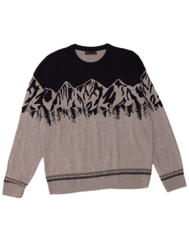 Marks & Spencer Męski sweter z okrągłym dekoltem, duży, szary, z blokami kolorów