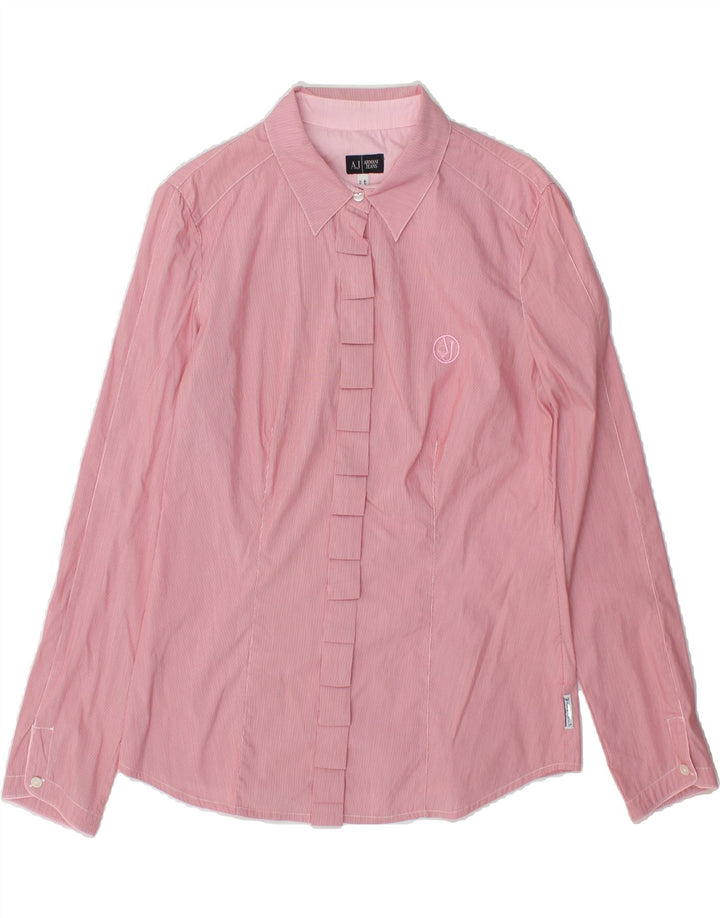 ARMANI JEANS Womens Ruffle Front Shirt US 6 Medium Pink Pinstripe Cotton Vintage Armani Jeans and Second-Hand Armani Jeans from Messina Hembry 