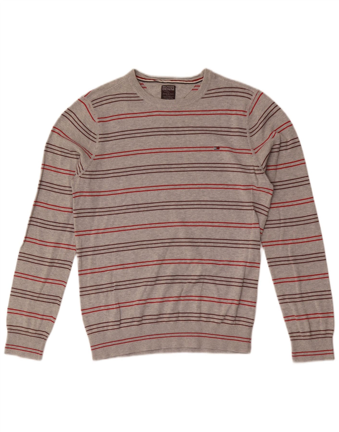 TOMMY HILFIGER Męski sweter z okrągłym dekoltem, bawełniany w średnie szare paski