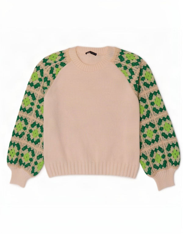 Sweter damski Zara z dekoltem w łódkę UK 10, mały, biały, geometryczny