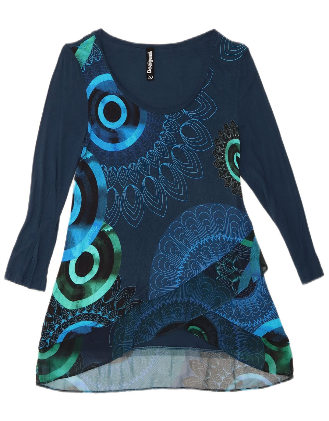 DESIGUAL Womens Long Sleeve Tunic Top UK 8 Small Navy Blue Geometric