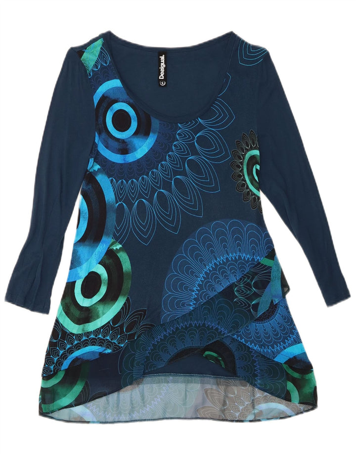 DESIGUAL Womens Long Sleeve Tunic Top UK 8 Small Navy Blue Geometric