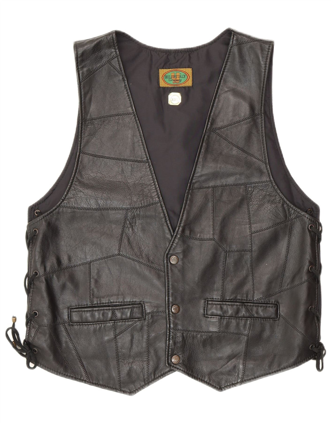 Vintage damska skórzana kamizelka 2XL czarna patchworkowa rowerzystka