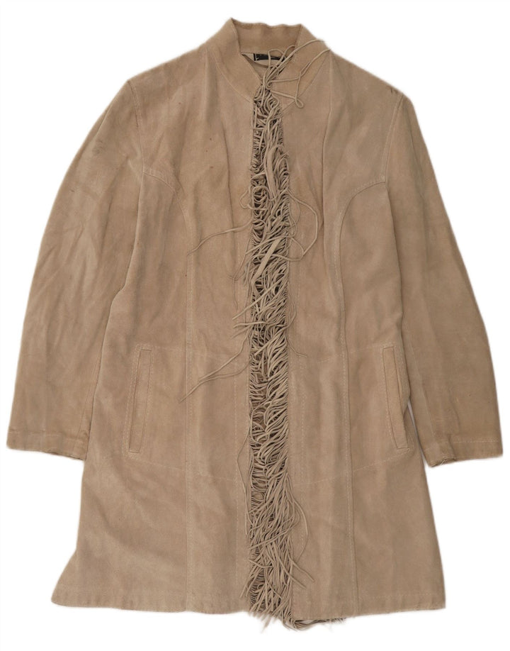 PLEASE Womens Suede Overcoat UK 12 Medium Beige Leather