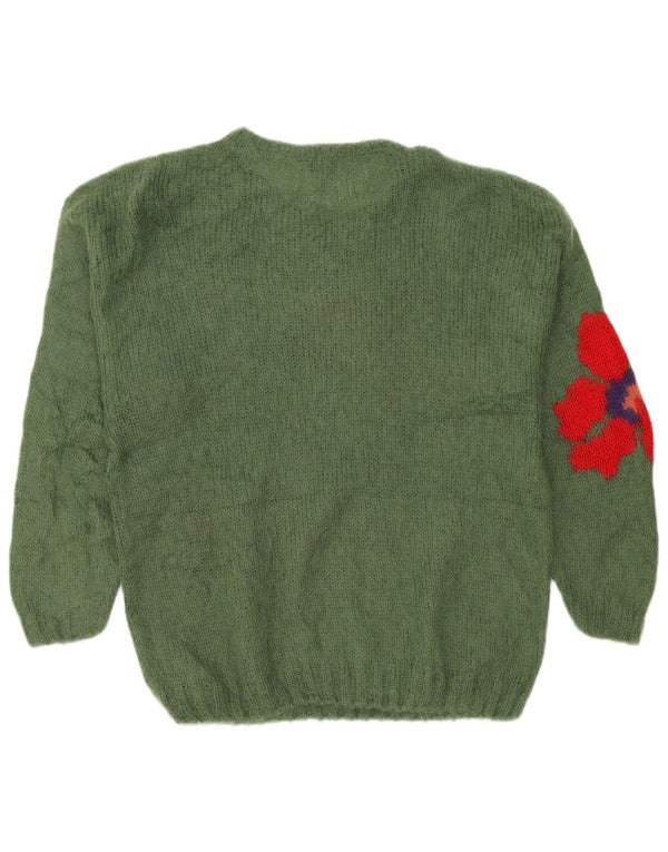 Vintage damski sweter z graficznym dekoltem w łódkę UK 20 2XL zielony kwiatowy