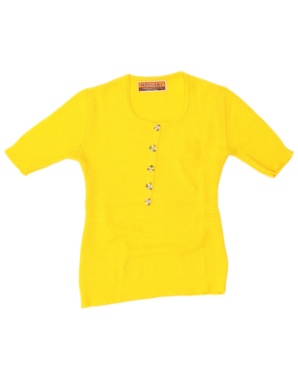 Sweter damski w stylu vintage z dekoltem w łódkę UK 12 Średni żółty w kwiaty