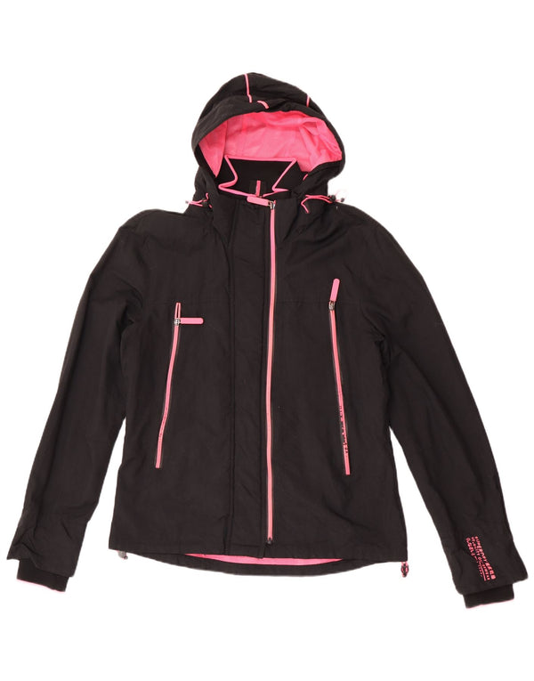 Damska kurtka przeciwdeszczowa z kapturem Superdry UK 14, duża, czarna nylonowa