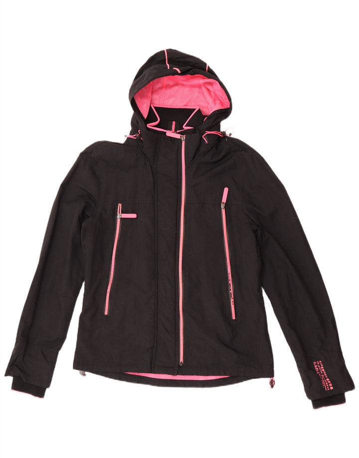 Damska kurtka przeciwdeszczowa z kapturem Superdry UK 14, duża, czarna nylonowa