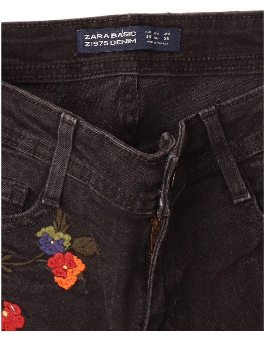 Damskie spodenki jeansowe Zara Graphic EU 38 Small W28 Czarne, kwiatowe, artystyczne