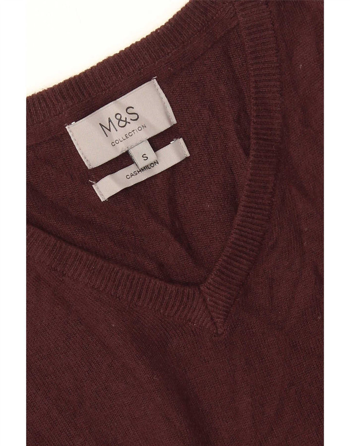 Marks & Spencer Męski sweter z dekoltem w kształcie litery V, mały, brązowy, kaszmirowy