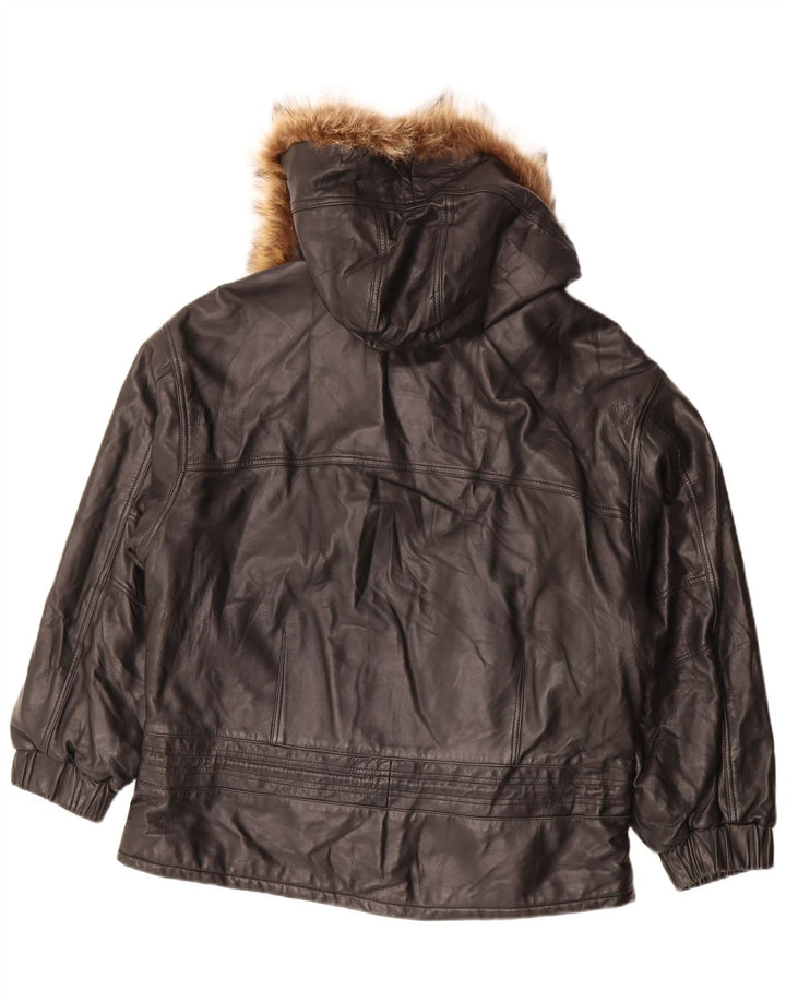 Vintage damska kurtka oversize z kapturem, skórzana IT 48 XL, czarna skóra
