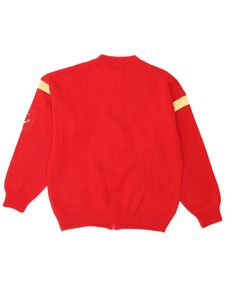 Vintage męski sweter rozpinany na zamek, średni czerwony, akrylowy blok kolorów