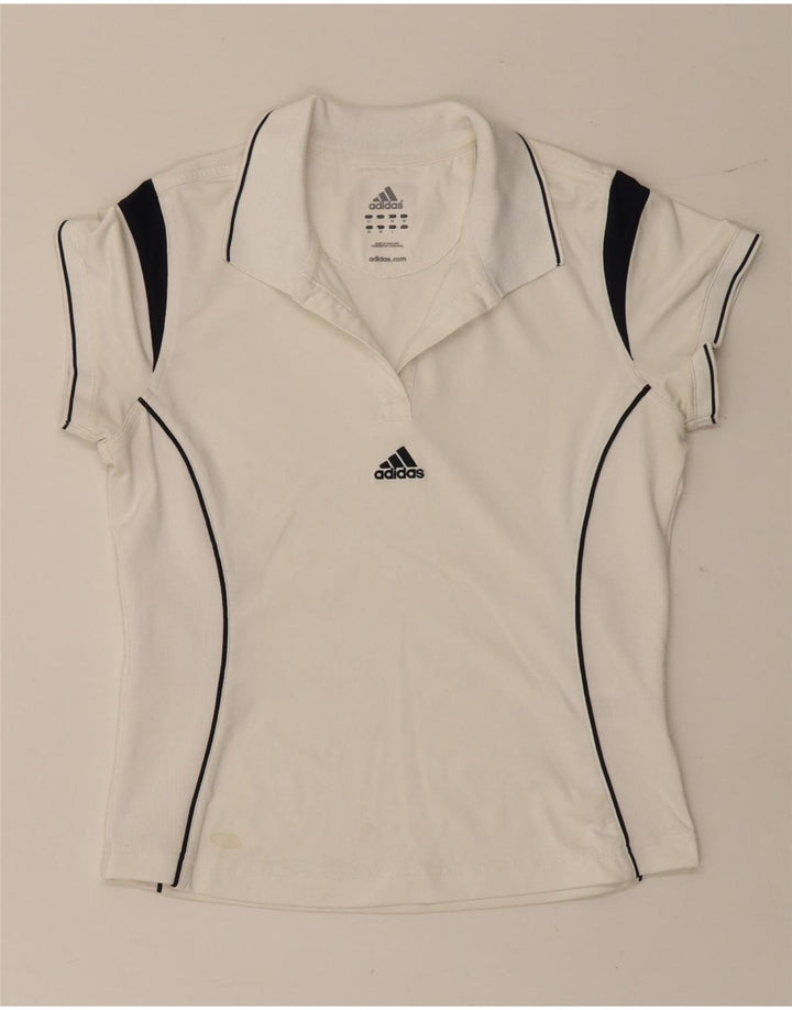 Damska koszulka polo Adidas UK 12 Średni biały poliester z blokami kolorów