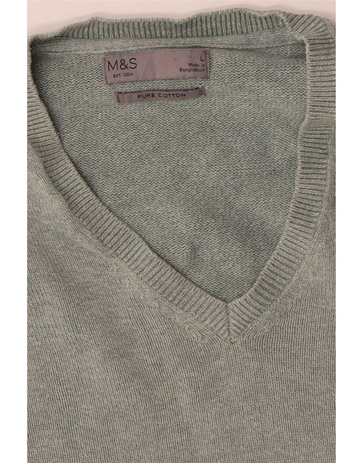 Marks & Spencer Męski sweter z dekoltem w kształcie litery V, duży, zielony, bawełniany