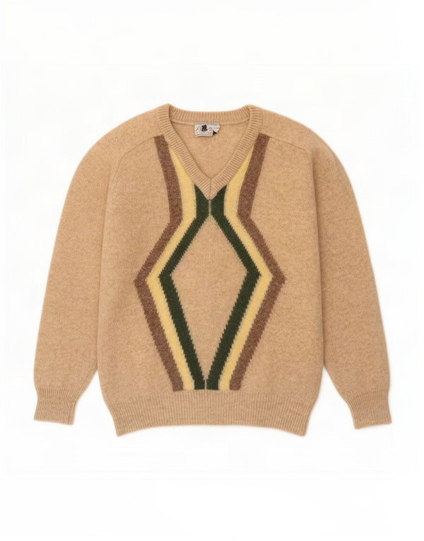 Sweter męski w stylu vintage z dekoltem w szpic, średnio beżowy, geometryczny, wełniany