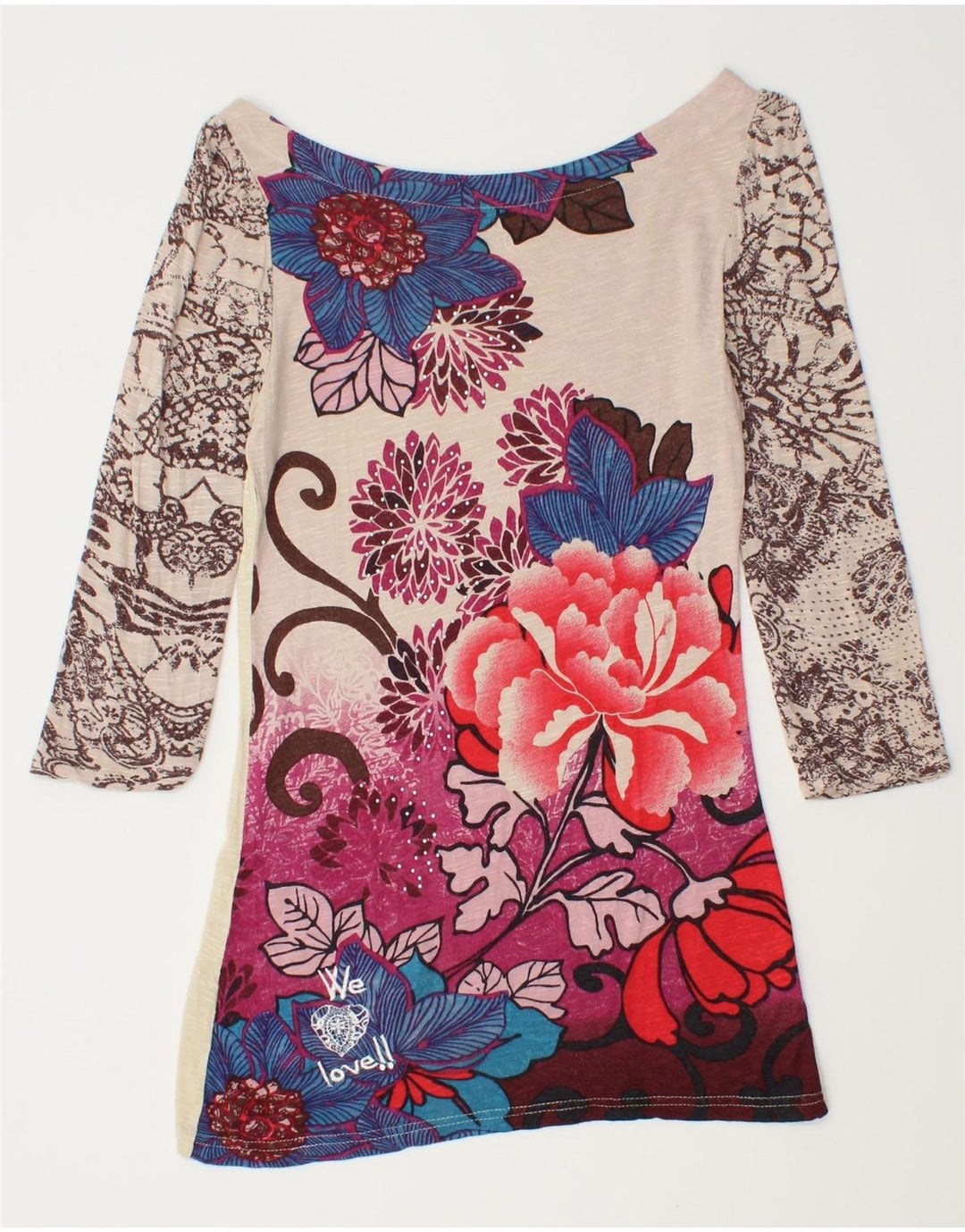 Damski graficzny top DESIGUAL z rękawem 3/4, UK 8, mały, wielokolorowy w kwiaty