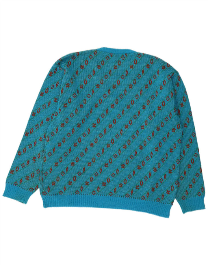 Sweter męski w stylu vintage z dekoltem w szpic, duży, niebieski, geometryczny, wełniany
