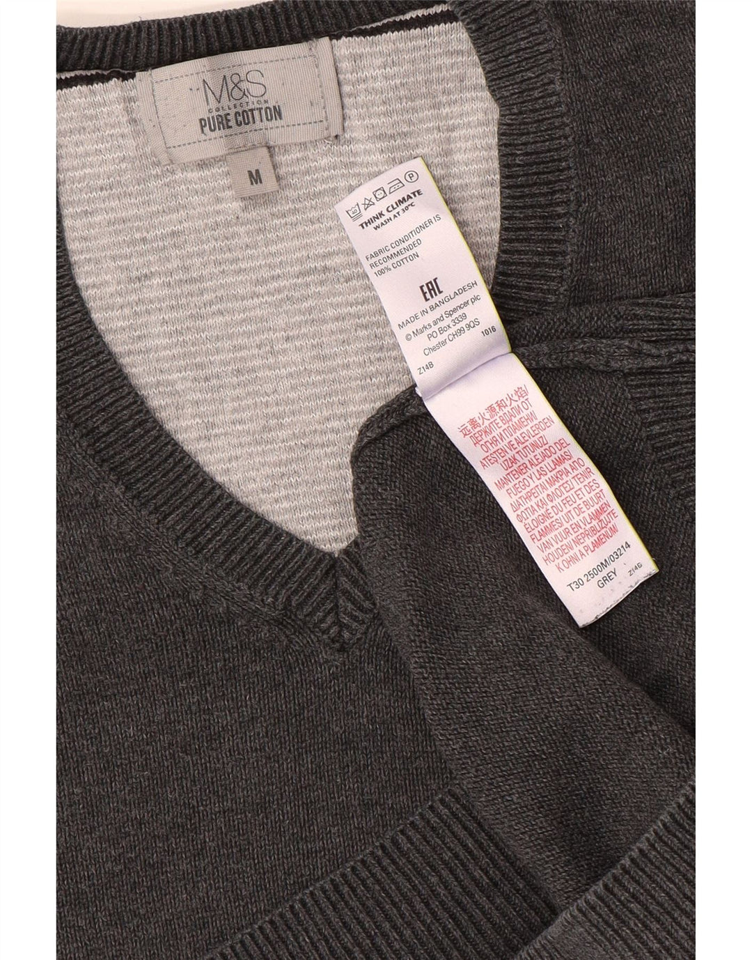 Marks & Spencer Męski sweter z dekoltem w kształcie litery V, średnioszary, bawełniany