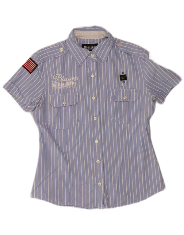 Blauer Womens Short Sleeve Military Shirt UK 14 Large Blue Pinstripe Cotton