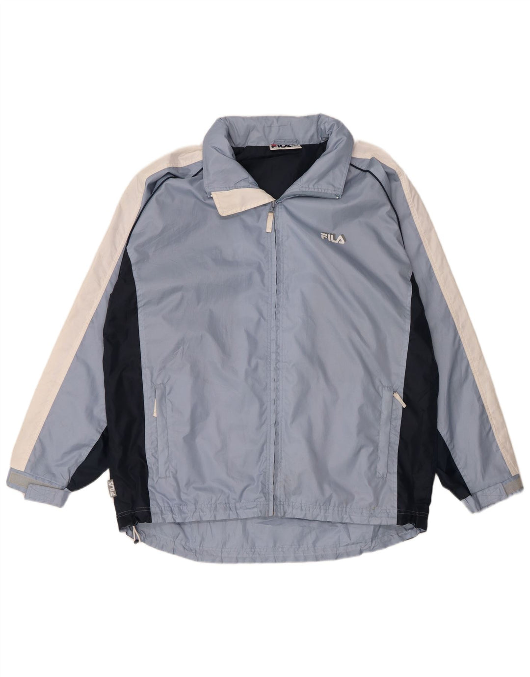 Męska kurtka wiatrówka z kapturem Fila UK 40, duży niebieski nylon w bloki kolorów