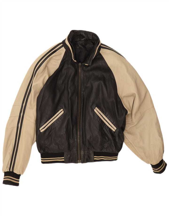 Męska kurtka skórzana vintage UK 38, średnia czarna skóra jagnięca z blokami kolorów