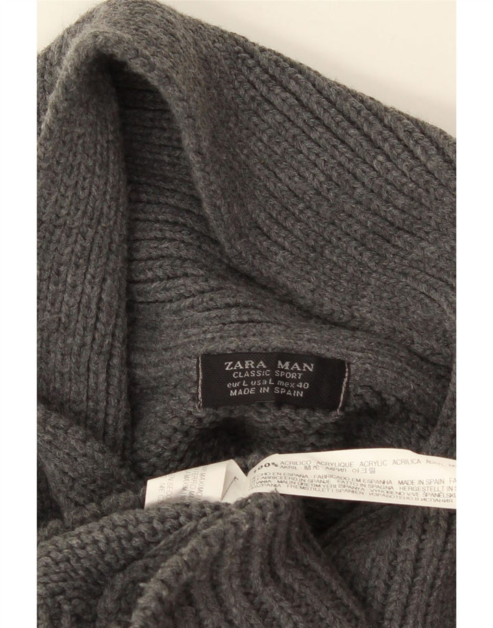 Męski sweter ZARA z szalowym dekoltem, duży, szary, akrylowy