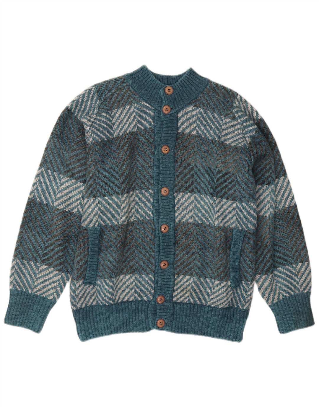 Vintage męski sweter rozpinany, duży niebieski Chevron