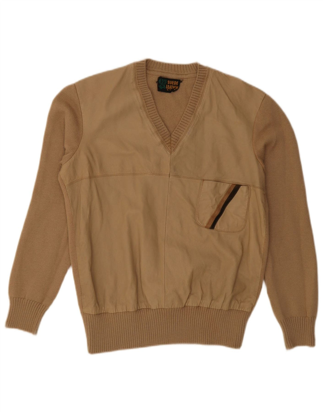 Sweter męski w stylu vintage z dekoltem w szpic, mały, beżowy, wełniany