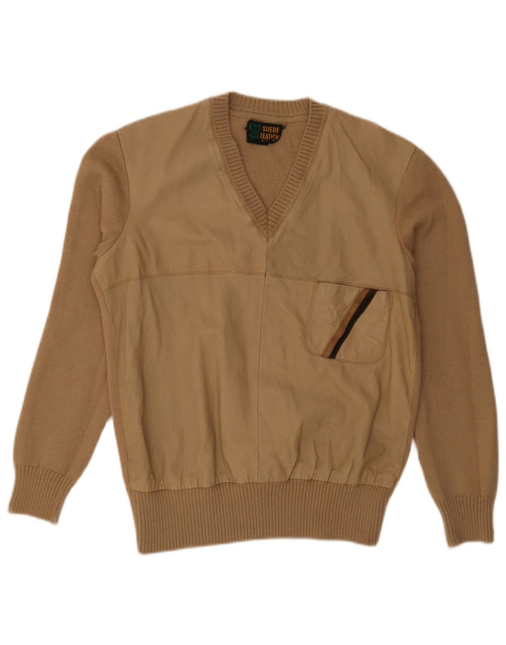 Sweter męski w stylu vintage z dekoltem w szpic, mały, beżowy, wełniany