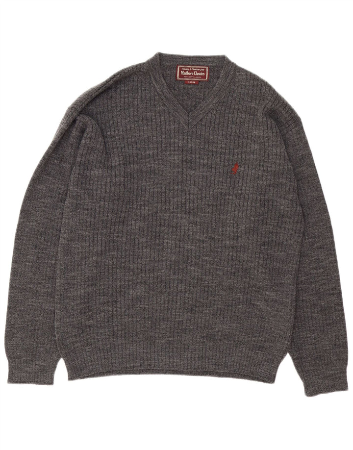 Marlboro Classics Męski sweter z dekoltem w kształcie litery V, duży, szary, wełniany