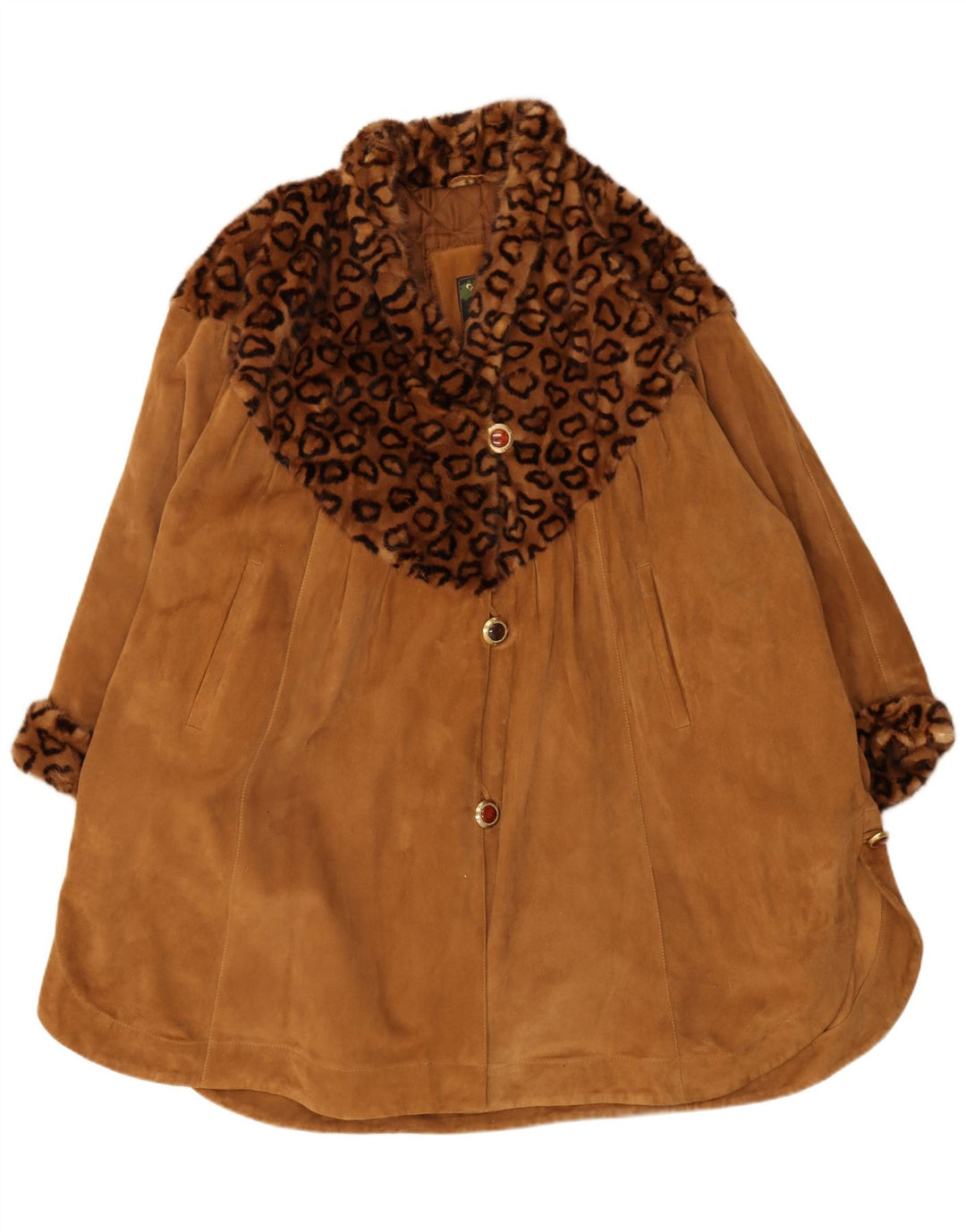 Vintage damski oversize'owy zamszowy płaszcz IT 44 średni brązowy nadruk zwierzęcy