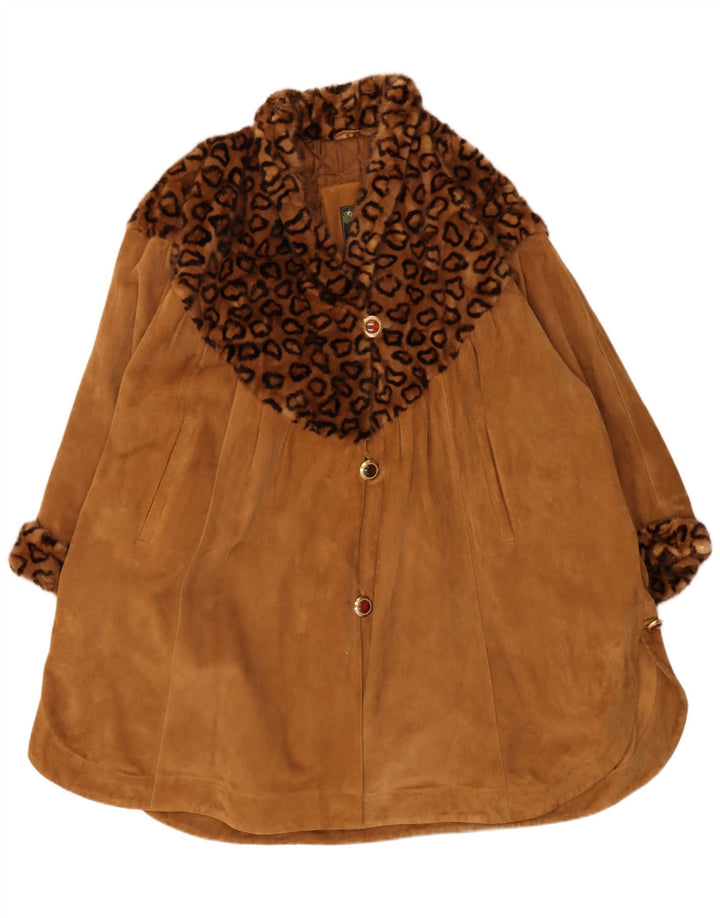 Vintage damski oversize'owy zamszowy płaszcz IT 44 średni brązowy nadruk zwierzęcy