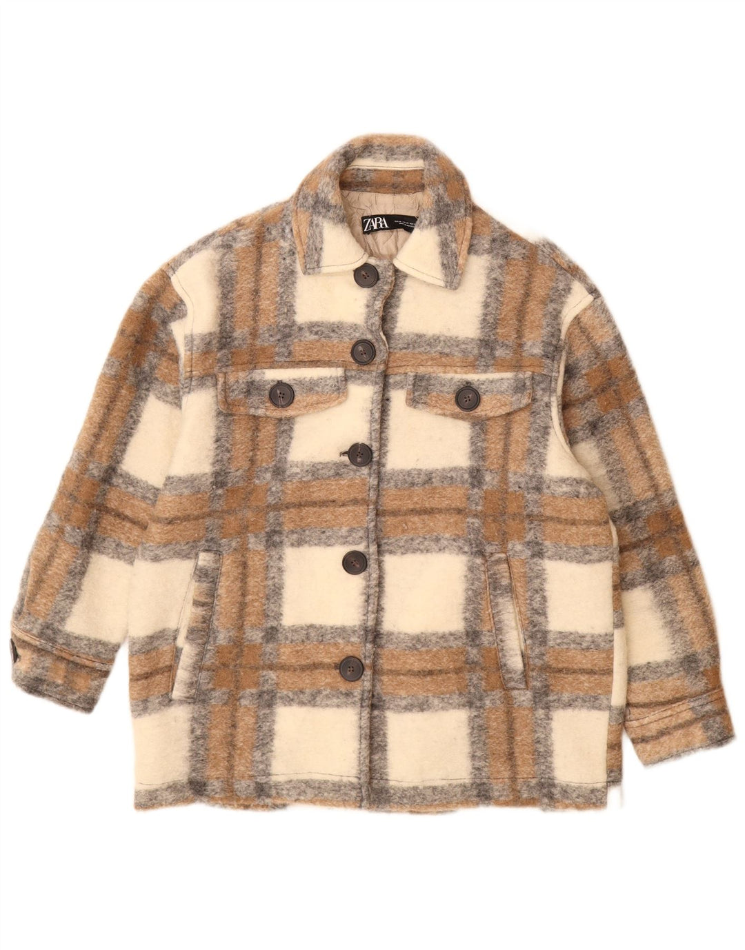 Damska kurtka oversize Zara Shacket UK 6 XS, wełniana w beżową kratkę
