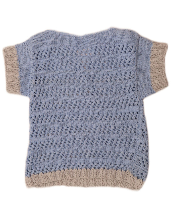 Sweter damski w stylu vintage z krótkim rękawem i dekoltem w kształcie litery V, UK 14, średni niebieski