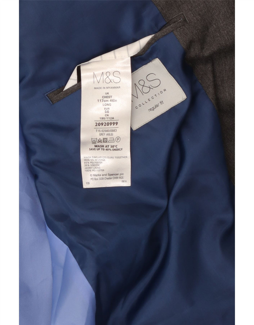 MARKS & SPENCER Męska marynarka zapinana na 2 guziki o regularnym kroju, UK 46 XL, szara