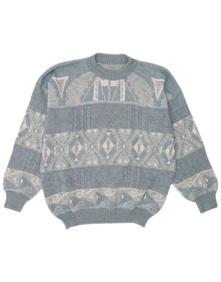 Vintage męski sweter z okrągłym dekoltem, duży niebieski geometryczny akryl
