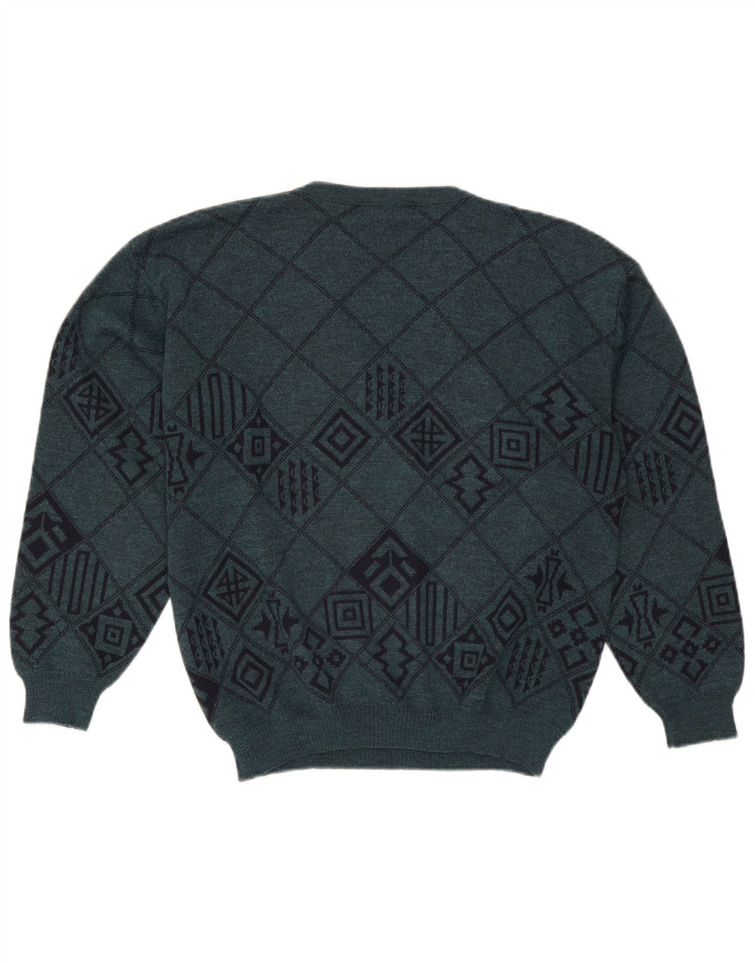 Męski sweter z dekoltem w serek Lewinger Średni zielony, geometryczny wełniany