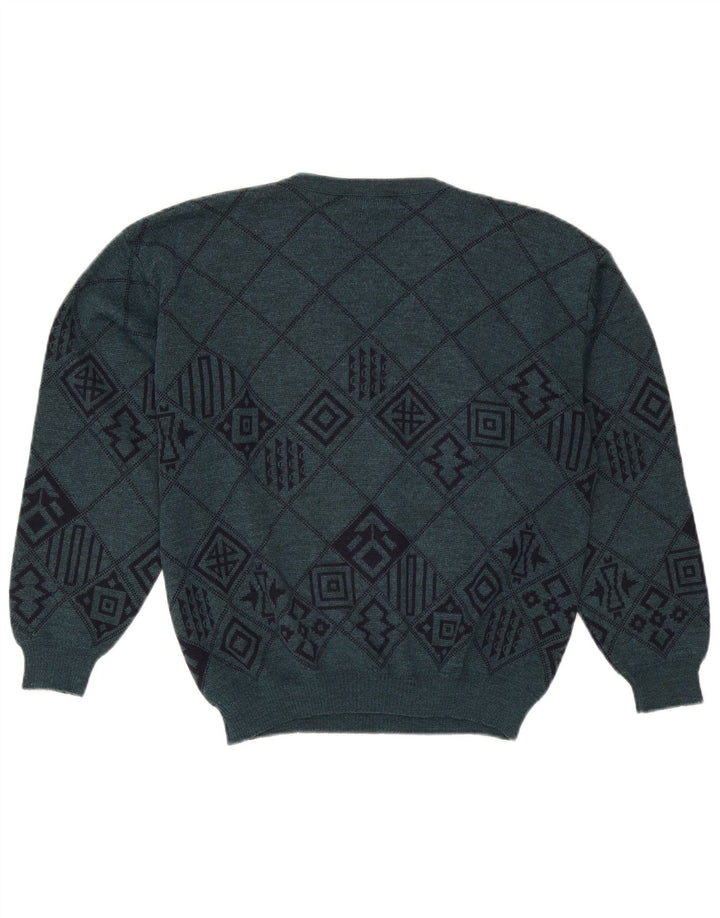 Męski sweter z dekoltem w serek Lewinger Średni zielony, geometryczny wełniany