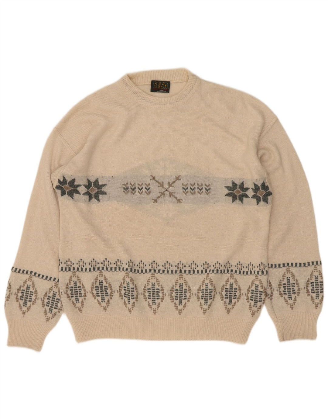 Bibo Męski sweter z okrągłym dekoltem, duży, biały Fair Isle